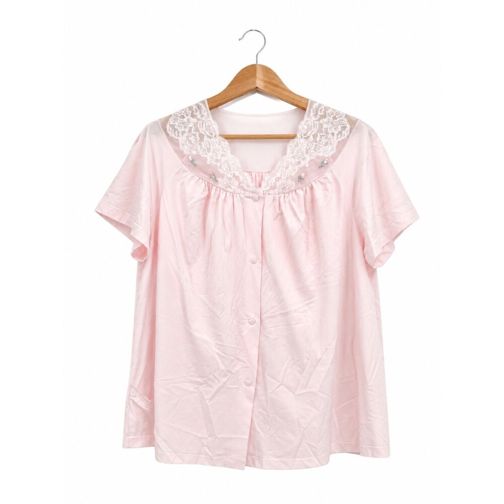 Shadowline Vintage Pink Nylon Bed Jacket Button Front Lace Coquette Size 42